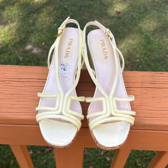 Prada Cream Patent Leather Cork Wedge Platform Slingback Sandals - Picture 1 of 16